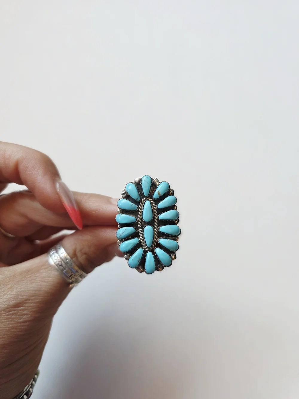 Turquoise Cluster Oval Sterling Silver Ring - Blue Turquoise